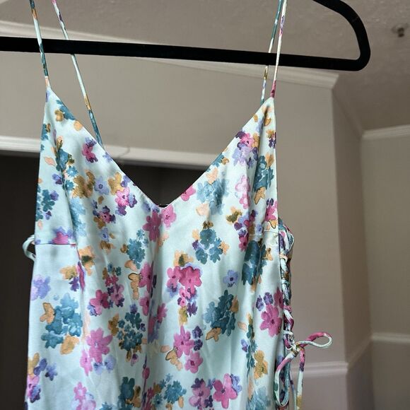 ZARA Romantic Floral Print Midi Side-Tie Satin Slip Dress XS Baby Blue - Picture 12 of 13